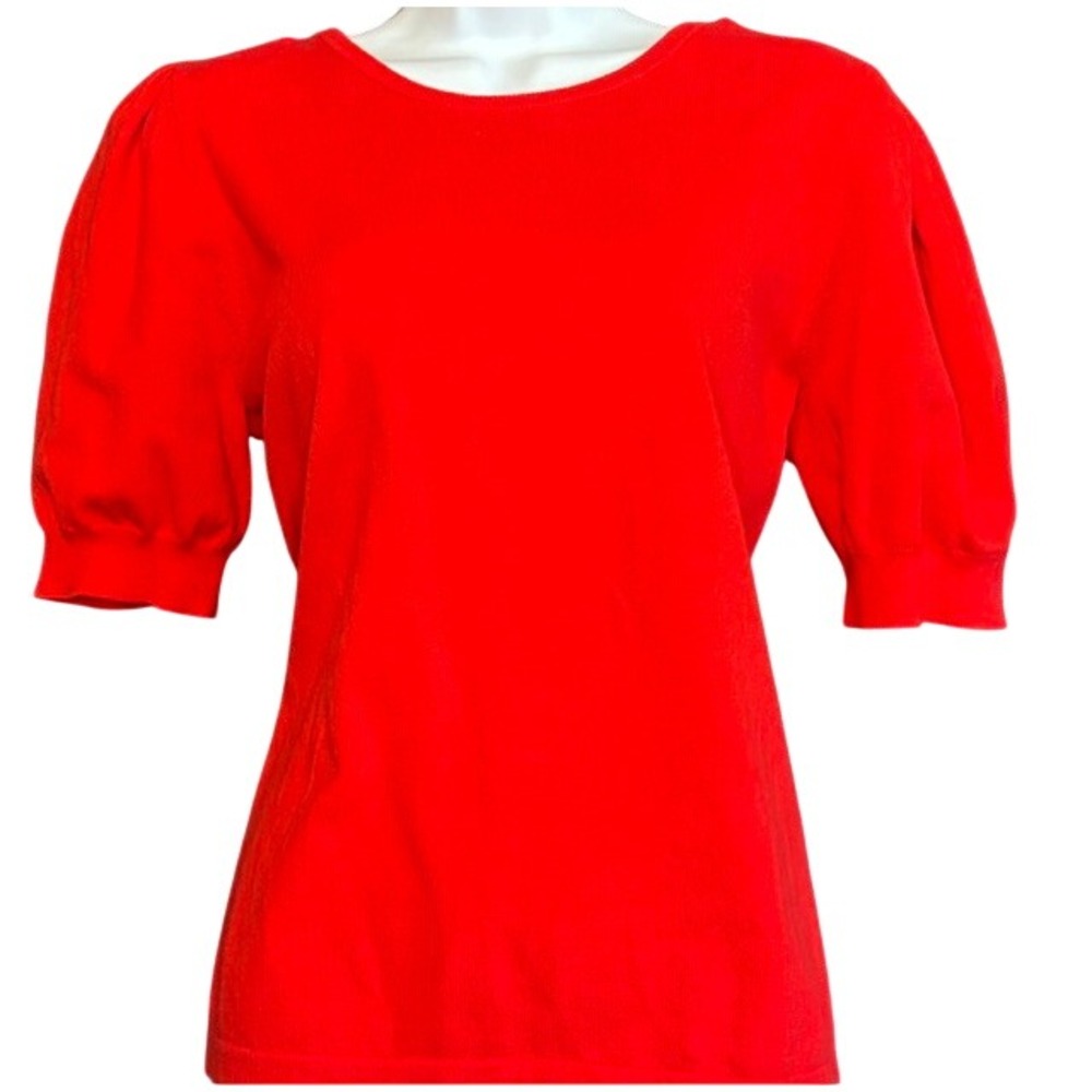 Vince Camuto Red‎ Puff Sleeve Sweater Faux Pearl Keyhole Back Knit Top Large